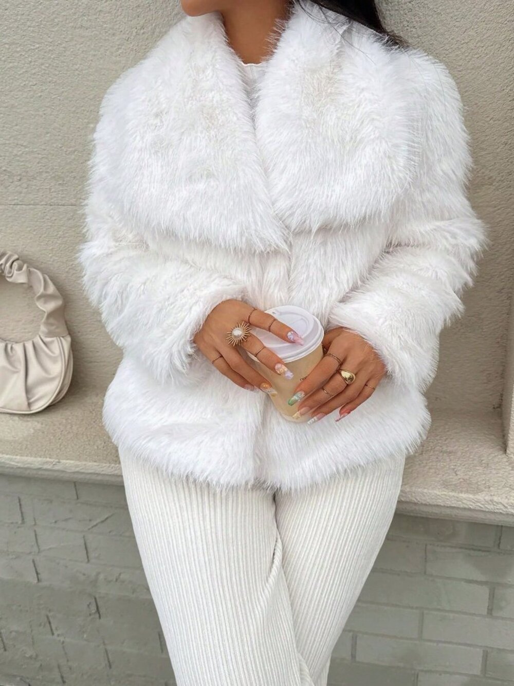 Pure White Casual Women's Loose Fuzzy Zip Pocket Mid-Length Fur Coat - Picture 3 of 8
